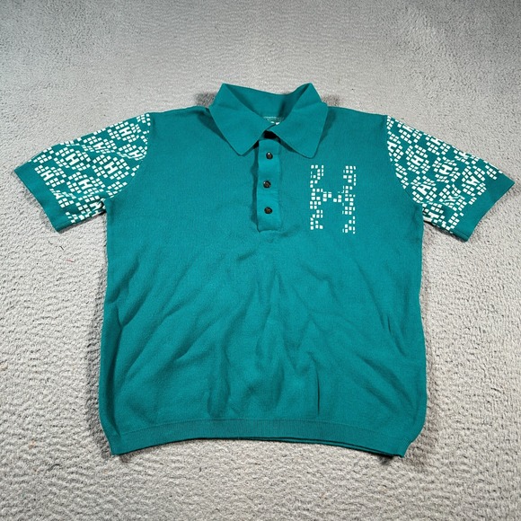 Honor The Gift Polo Shirt Men Medium Teal Green H Knit-Pattern Ribbed Cuff & Hem - Picture 1 of 6